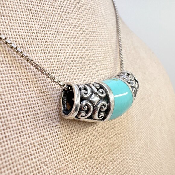VTG Sterling Silver 925 Turquoise Scroll Slide Pendant Necklace Size 18" Length - Picture 3 of 13
